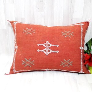 May include: A terracotta-colored throw pillow with white embroidered geometric patterns. The pillow is made of a soft, woven fabric and has a subtle sheen.