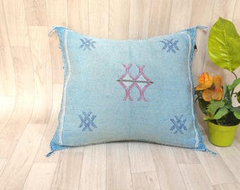 Poszewka na poduszkę z jedwabiu w kolorze turkusowym z motywem kaktusa, poduszka w stylu marokańskim boho (50 x 45 cm)
