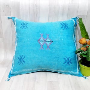 Handwoven Turquoise Cactus Silk Pillow Cover: Moroccan Berber Cushion