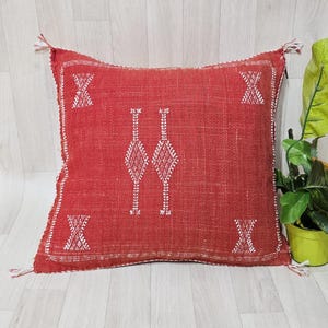 Handmade Moroccan Cactus Silk Pillow Cover: Red/Orange Boho Cushion (18.8x17.7 IN) image 1
