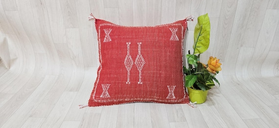 Handmade Moroccan Cactus Silk Pillow Cover: Red/Orange Boho Cushion (18.8x17.7 IN)