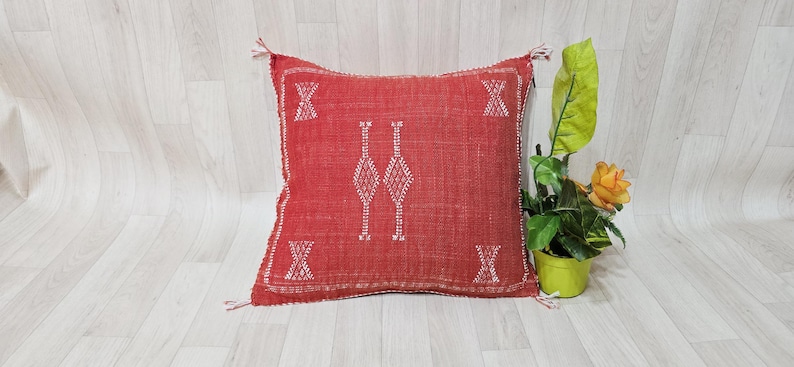 Handmade Moroccan Cactus Silk Pillow Cover: Red/Orange Boho Cushion (18.8x17.7 IN) image 1