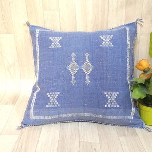 Blue Cactus Silk Pillow Cover – Handmade Moroccan Sabra Cushion (19.6&quot; x 18.5&quot;)