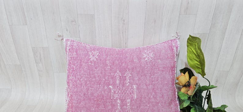 Handwoven Cactus Silk Pillow Cover: Moroccan Berber Boho Cushion, Pink image 4
