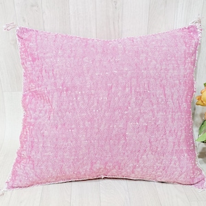 Handwoven Cactus Silk Pillow Cover: Moroccan Berber Boho Cushion, Pink image 6