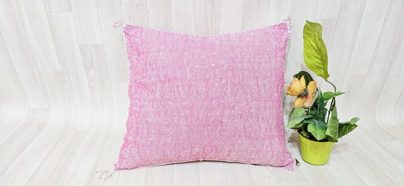 Handwoven Cactus Silk Pillow Cover: Moroccan Berber Boho Cushion, Pink image 6