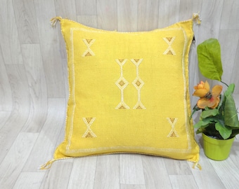 Yellow Cactus Silk Cushion Cover: Handmade Moroccan Sabra Pillow