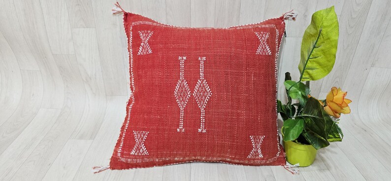 Handmade Moroccan Cactus Silk Pillow Cover: Red/Orange Boho Cushion (18.8x17.7 IN) image 2