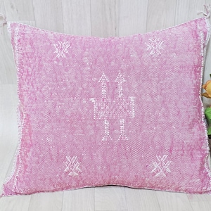 Handwoven Cactus Silk Pillow Cover: Moroccan Berber Boho Cushion, Pink image 2