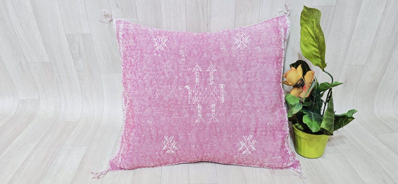 Handwoven Cactus Silk Pillow Cover: Moroccan Berber Boho Cushion, Pink image 2