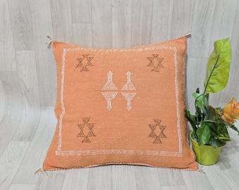 Handwoven Cactus Silk Pillow Cover: Moroccan Berber Cushion, orange Boho Decor