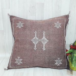 Brown Cactus Silk Pillow Cover, Moroccan Boho Throw Pillow , Hand woven Berber Pillow, Decorative Sabra, Cactus Silk lumbar Cushion Cover