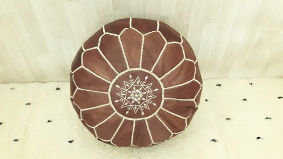Pouf Arabe 100% Cuir - Couleur Rose Artisanat Marocain - Modèle Laun Zahri