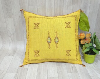 Yellow Cactus Silk Pillow Cover: Handwoven Moroccan Berber Cushion