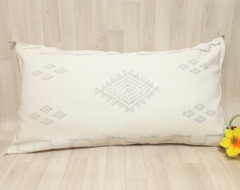 Housse de coussin en soie de cactus BLANC, coussin Boho marocain, coussin berbère tissé à la main, housse de coussin en soie de cactus Sabra, oreiller, coussin