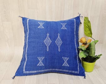 Blue Cactus Silk Pillow Cover: Handwoven Moroccan Berber Cushion