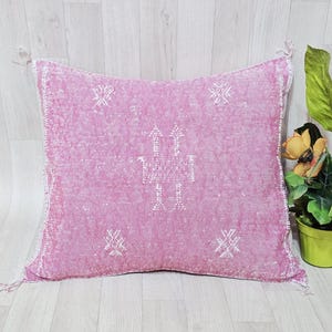 Handwoven Cactus Silk Pillow Cover: Moroccan Berber Boho Cushion, Pink image 1