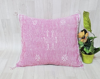 Handwoven Cactus Silk Pillow Cover: Moroccan Berber Boho Cushion, Pink