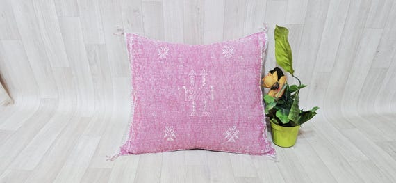 Handwoven Cactus Silk Pillow Cover: Moroccan Berber Boho Cushion, Pink
