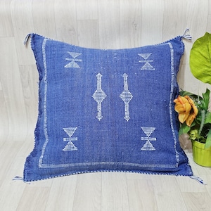 Handwoven blue Cactus Silk Pillow Cover, Berber Boho Cushion (20x19.2)
