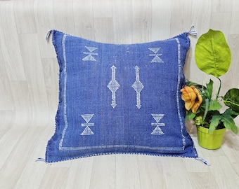 Handwoven blue Cactus Silk Pillow Cover, Berber Boho Cushion (20x19.2)