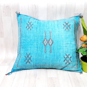 Handwoven Turquoise Cactus Silk Pillow Cover: Moroccan Berber Cushion
