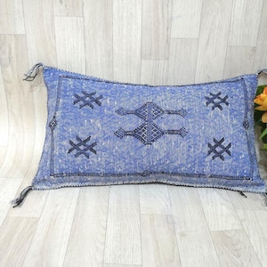 Blue Cactus Silk Pillow Cover: Handwoven Moroccan Berber Cushion