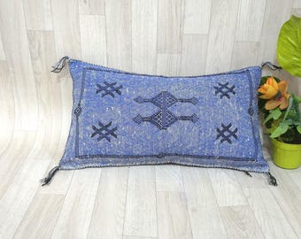 Blue Cactus Silk Pillow Cover: Handwoven Moroccan Berber Cushion