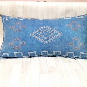 Blue Cactus Silk Pillow Cover: Handwoven Moroccan Berber Cushion