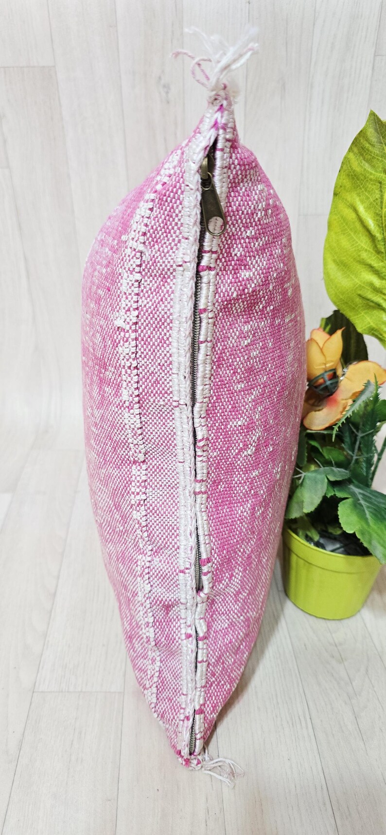 Handwoven Cactus Silk Pillow Cover: Moroccan Berber Boho Cushion, Pink image 7