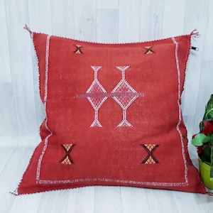 Handmade Moroccan Cactus Silk Pillow Cover: Red/Orange Boho Cushion