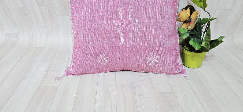 Handwoven Cactus Silk Pillow Cover: Moroccan Berber Boho Cushion, Pink image 3