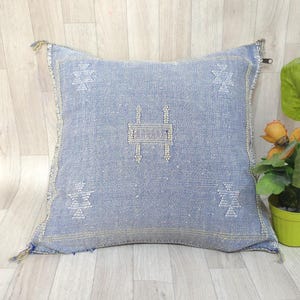 blue Cactus Silk Pillow Cover, Moroccan Boho Throw Pillow , Hand woven Berber Pillow, Decorative Sabra Cactus Silk Cushion Cover