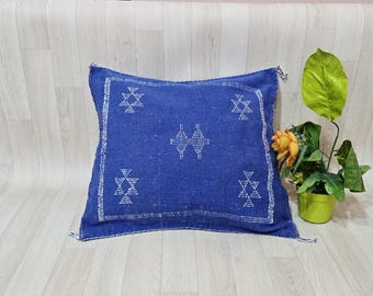 Blue Cactus Silk Pillow Cover: Handwoven Moroccan Berber Cushion