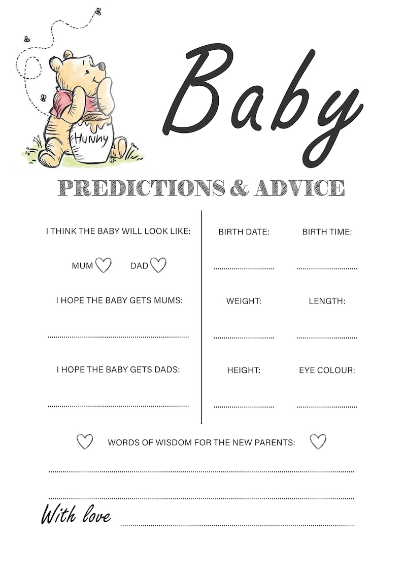 Winnie Pooh Baby Shower Baby Prediction Card Classic Pooh Baby Shower