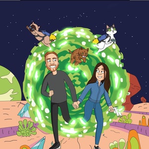 WYPRZEDAŻ Portret Ricka i Morty'ego Portret z kreskówki, Portret pary, Portret rodzinny na zamówienie, Spersonalizowany portret z kreskówki, Portret na zamówienie, Rysunek R nM