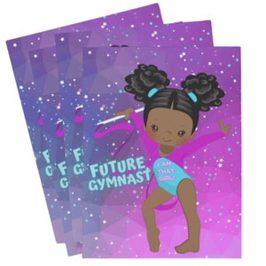 May include: A stack of four pink and purple notepads with a cartoon illustration of a Black girl gymnast holding a ribbon. The text "I am that girl!" and "Future Gymnast" is printed on the notepad.