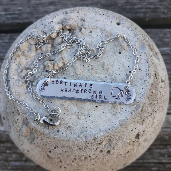 Pride and Prejudice Quote Bar Necklace, Obstinate Headstrong Girl, Jane Austen Quote, Book Lover Gift, Teacher Gift, Hand Stamped Necklace