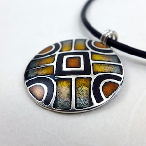 Earthy Pendant in Yellow Brown Gray and Black Champleve  Enamel with Silver, Geometric Design, Boho Tribal Style, Unique Handmade Jewelry