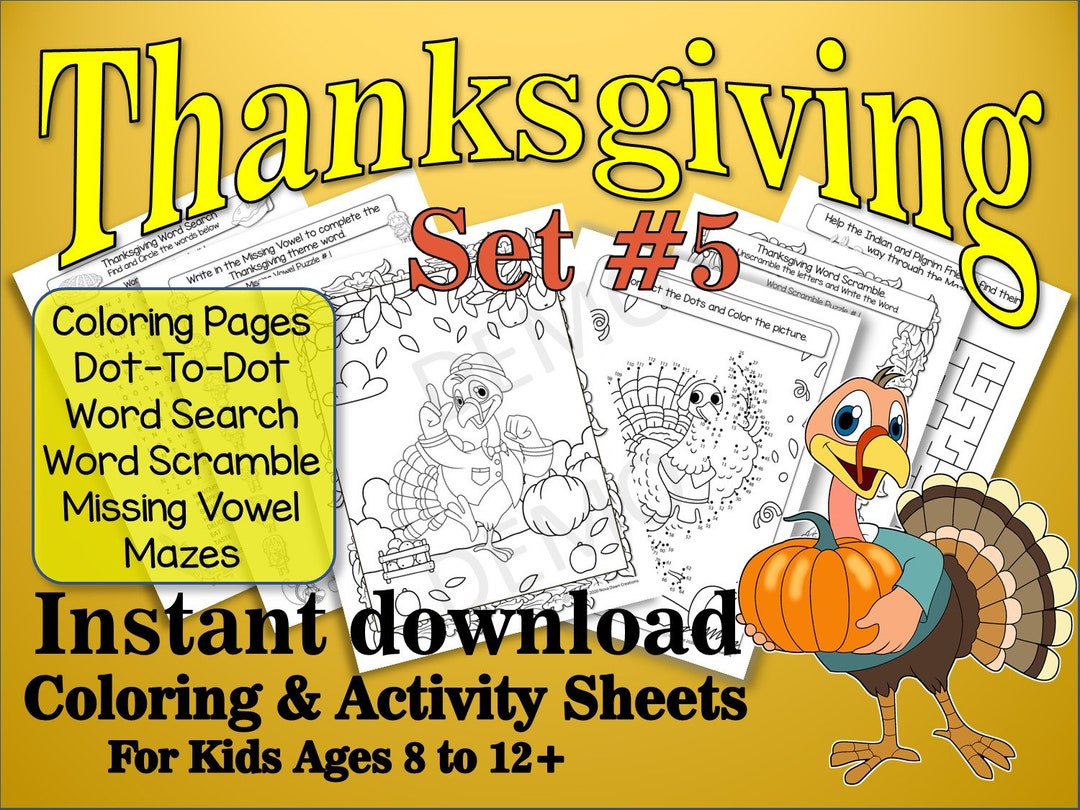 12 Printable Thanksgiving Coloring Puzzle Activity Worksheets (set 5 ...