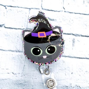 Glitter Cat Witch Hat Badge Reel: Handmade Nurse Accessory