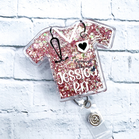 Glitter Scrub Top Shaker Badge Reel, Able to Be Personalized with Your Name, Nurse Badge Clip