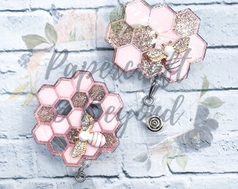 cute honeycomb bee badge reel, rose gold badge reel, honey comb badge holder, fall nurse badge reel