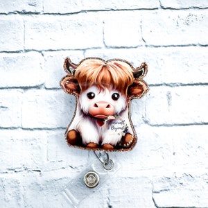 Cute Highland Cow Badge Reel, animal badge reel, custom glitter badge reel, nurse badge reel, medical badge reel, retractable badge