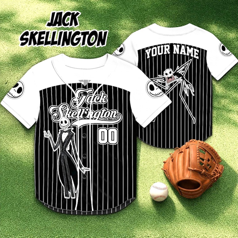 May include: White and black baseball jersey featuring Jack Skellington from The Nightmare Before Christmas. The jersey has vertical black stripes, the character's image, and the text "Jack Skellington" and "00". A baseball glove and ball are also in the image.