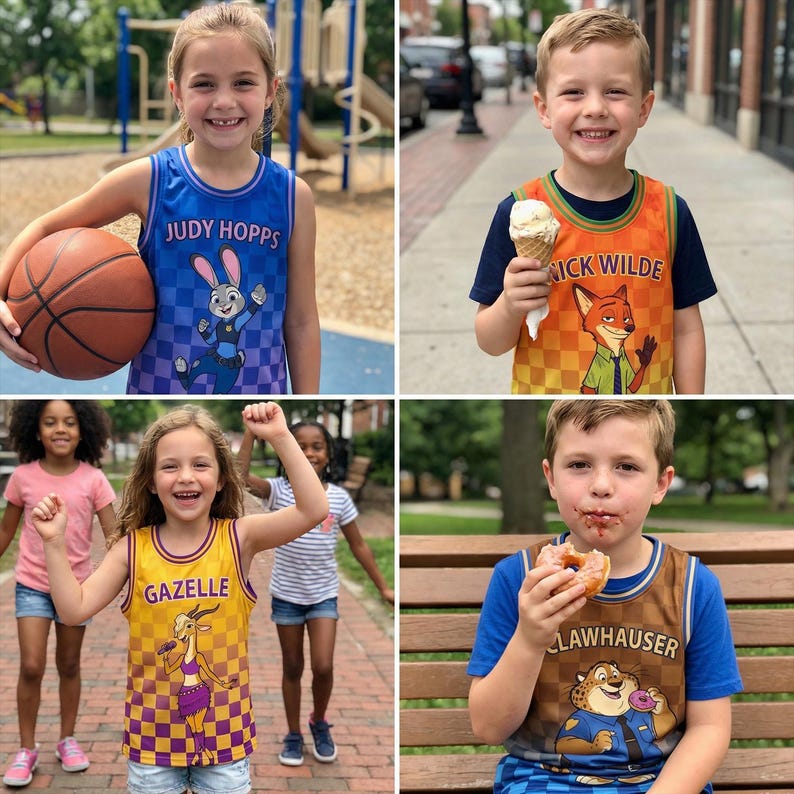 May include: Four children wearing Zootopia-themed basketball jerseys. The jerseys feature characters Judy Hopps, Nick Wilde, Gazelle, and Clawhauser. The children are smiling and appear to be enjoying themselves. One child holds a basketball, another an ice cream cone, and another a donut.