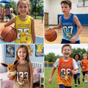 May include: Four children wearing Pokemon-themed basketball jerseys. The jerseys feature Pikachu, Squirtle, Eevee, and Charizard designs, with the Pokemon's name and number on the front. Each child is holding a basketball or a plush toy.