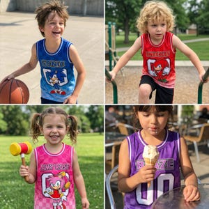 May include: Four children wearing Sonic the Hedgehog themed jerseys. The jerseys are blue, red, pink, and purple. Each jersey features a character's name and image. One child holds a basketball, another is on playground equipment, another holds a mallet, and the last eats an ice cream cone.