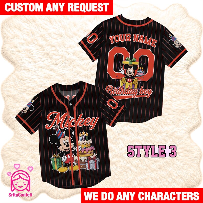 Personalized Cartoon Mouse Birthday Baseball Jersey, Custom Name Number ...