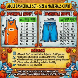 May include: An adult basketball set size and materials chart. The chart includes measurements for jerseys and shorts. The jersey chest sizes range from 38 to 62 inches, and lengths from 30 to 37 inches. Shorts waist sizes range from 28 to 44 inches, and lengths from 20 to 24 inches.